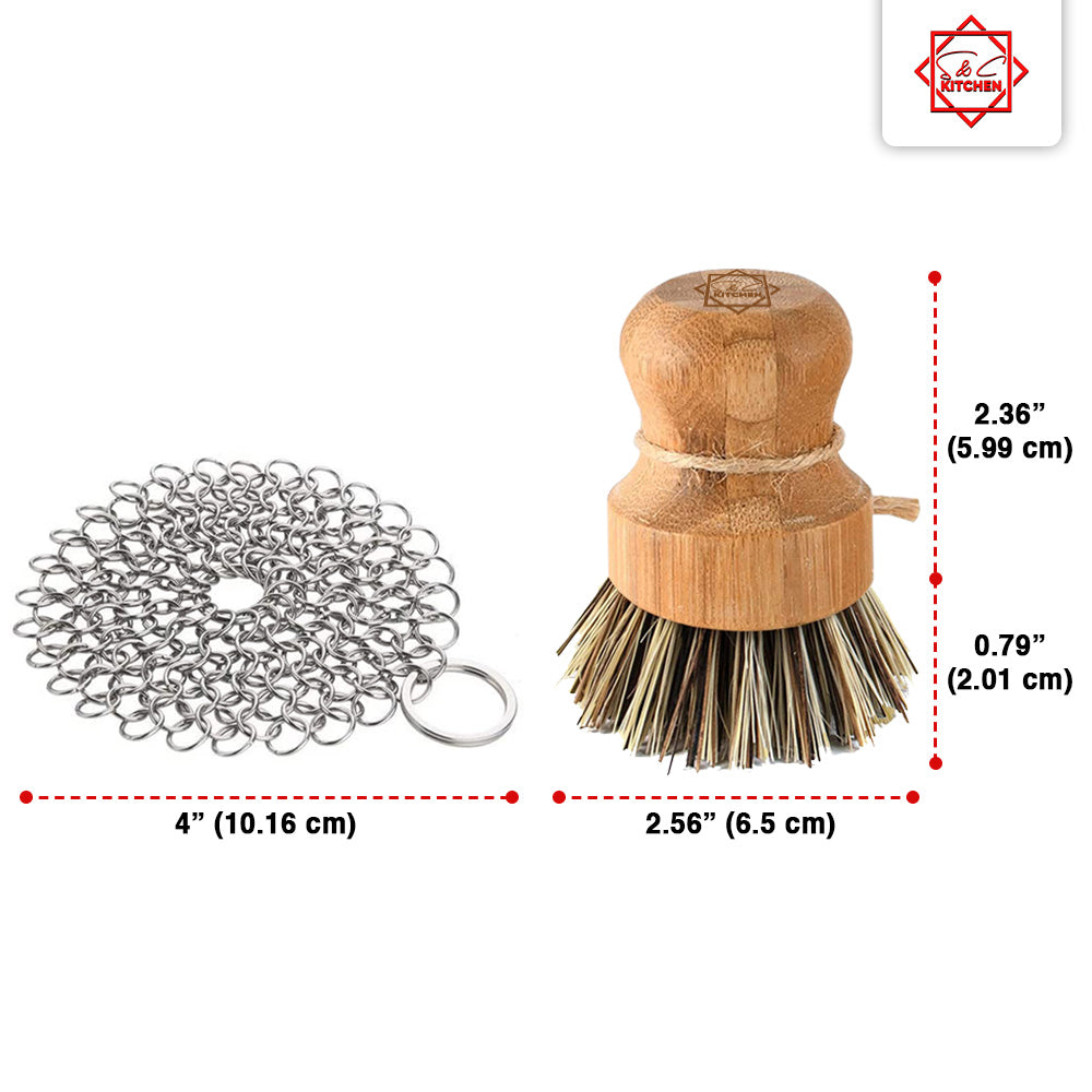 S & C Kitchen - Bamboo Scrub Brush & a 4 by 4-inch Stainless Steel Chain mail