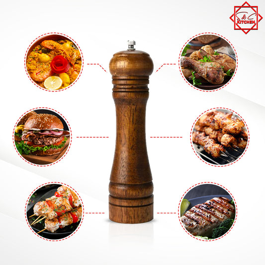 S&C Kitchen - Oakwood Pepper Grinder – 8 inch By 2 inch – Ceramic Grind Mill - Use With Black Pepper, Sea & Himalayan Salt – Perfect Gift Idea