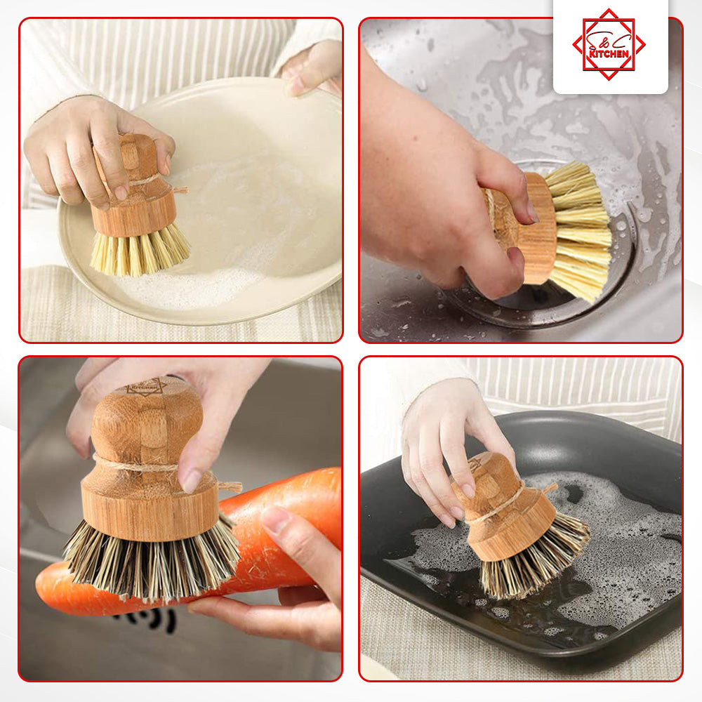 S&C Kitchen - Bamboo Scrub Brushes, Cleans Pots/Vegetables/Dishes - Set of 3