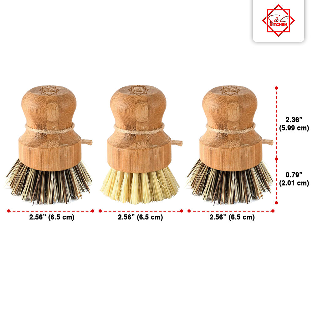 S&C Kitchen - Bamboo Scrub Brushes, Cleans Pots/Vegetables/Dishes - Set of 3