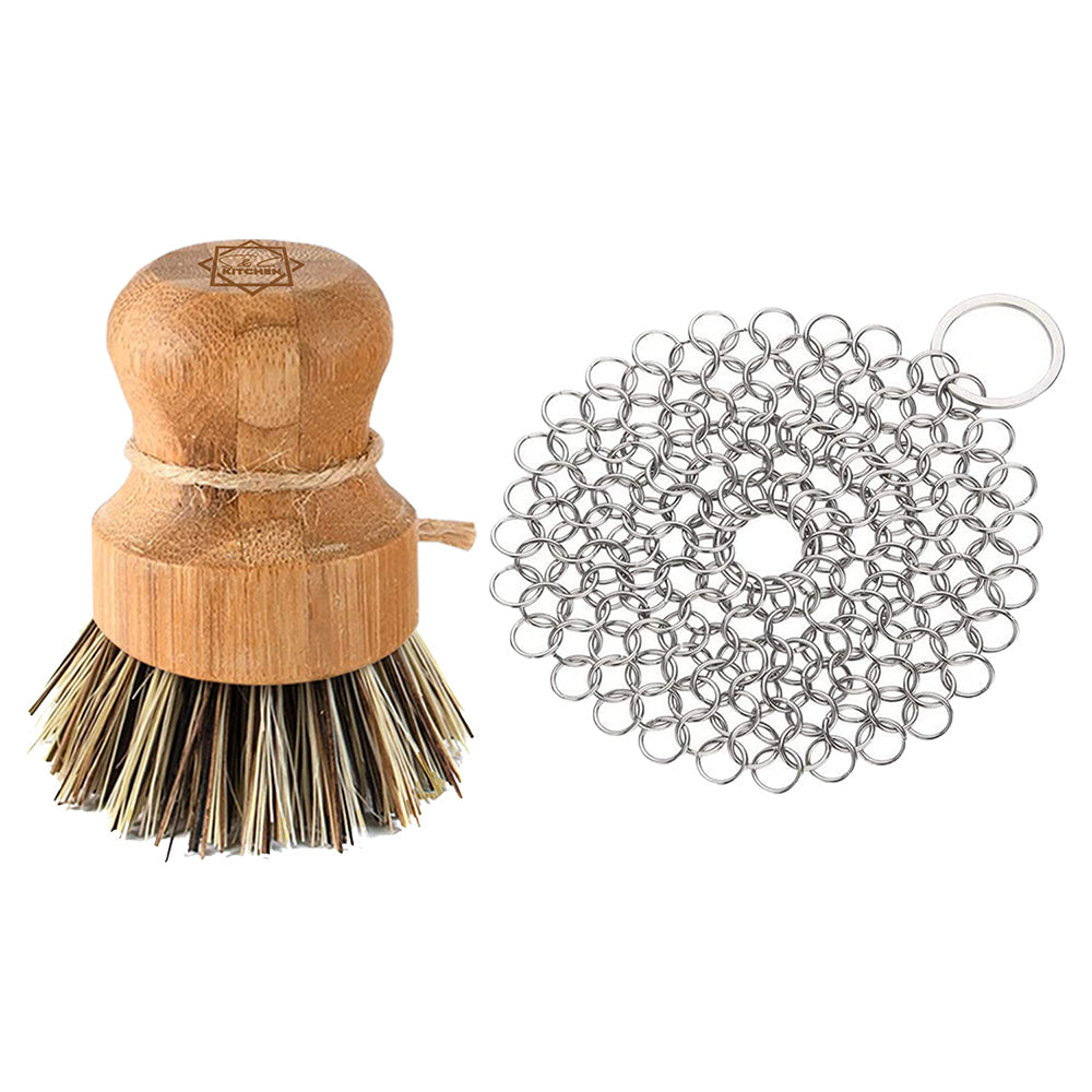 S & C Kitchen - Bamboo Scrub Brush & a 4 by 4-inch Stainless Steel Chain mail