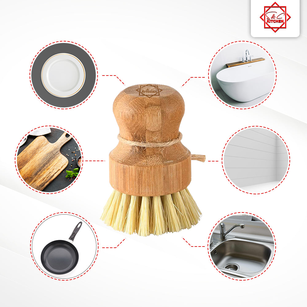 S&C Kitchen - Bamboo Scrub Brushes, Cleans Pots/Vegetables/Dishes - Set of 2