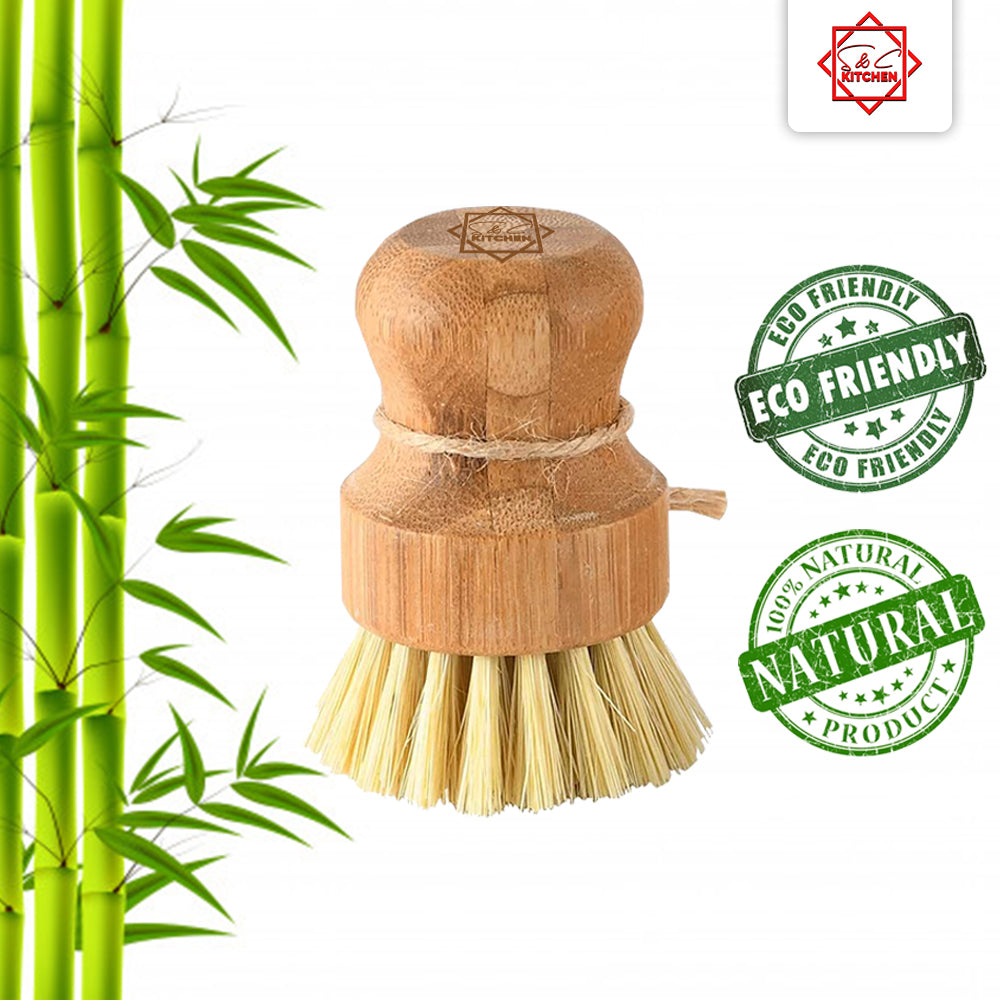 S&C Kitchen - Bamboo Scrub Brushes, Cleans Pots/Vegetables/Dishes - Set of 2