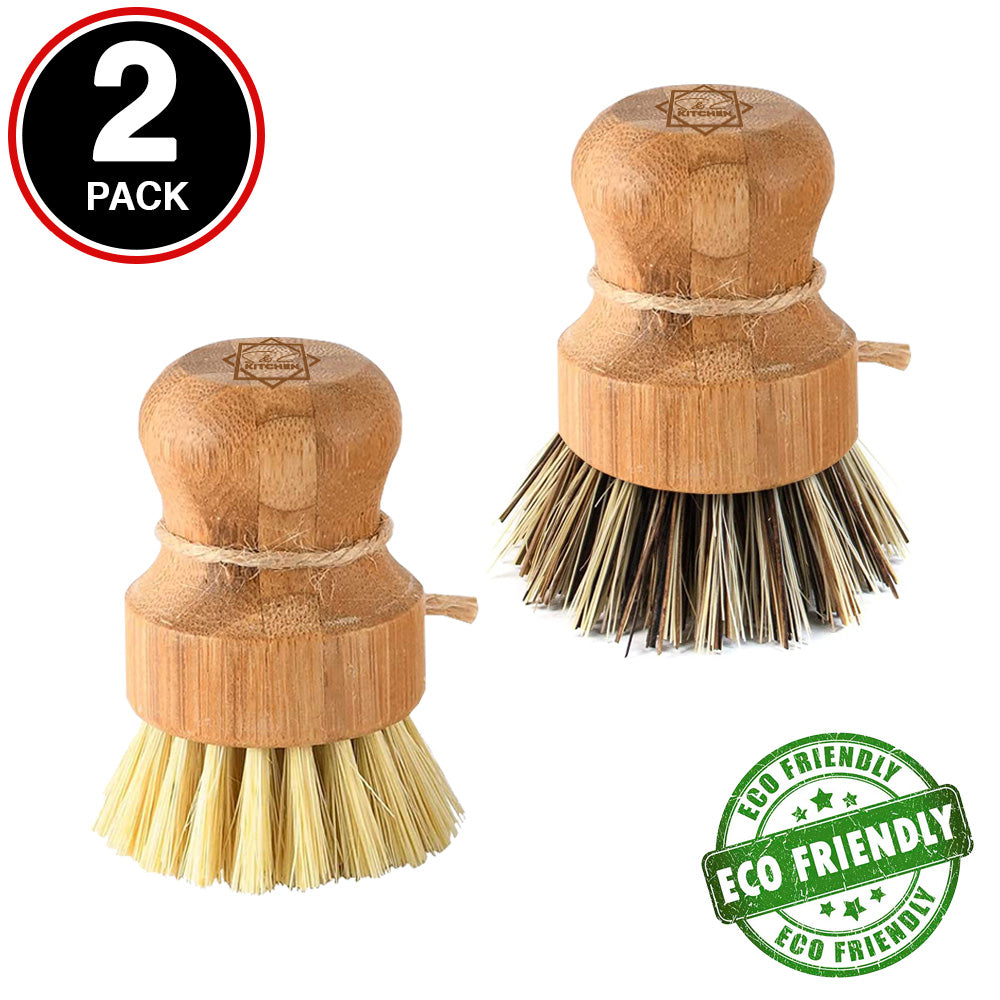 S&C Kitchen - Bamboo Scrub Brushes, Cleans Pots/Vegetables/Dishes - Set of 2