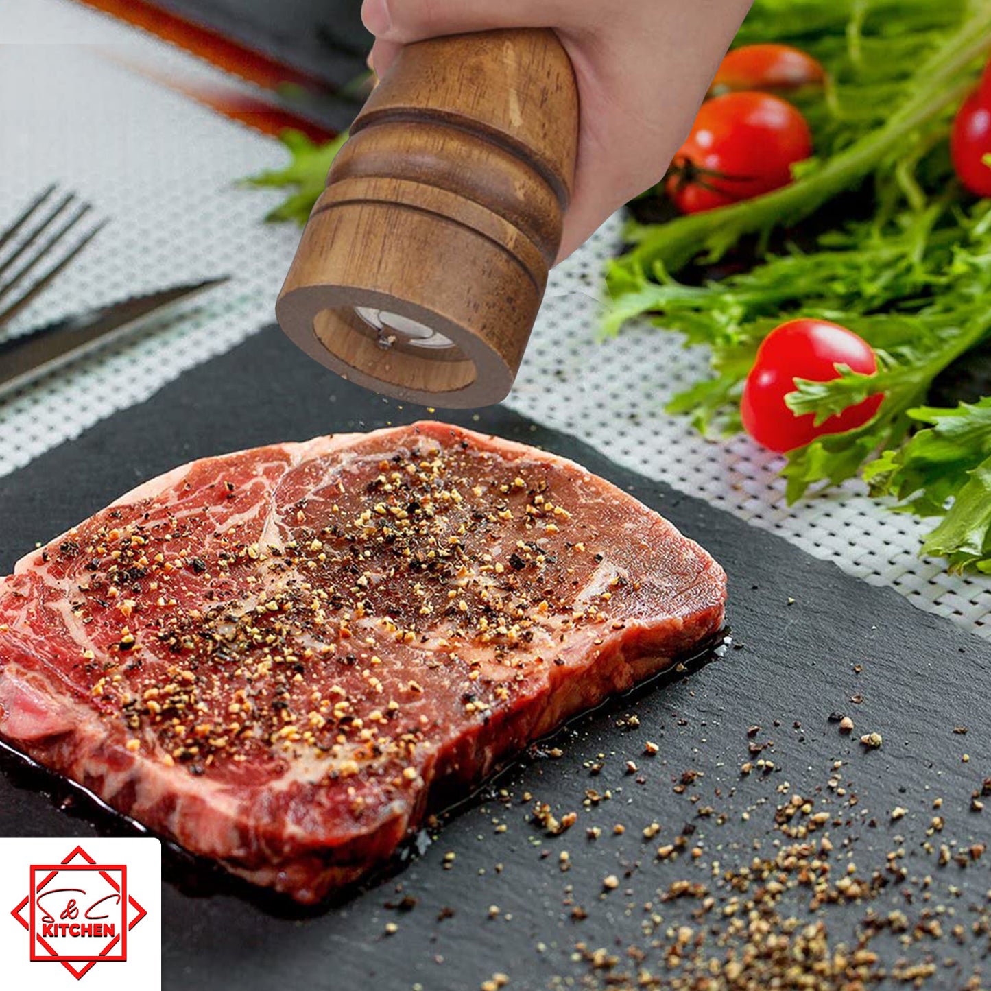 S&C Kitchen - Oakwood Pepper Grinder – 8 inch By 2 inch – Ceramic Grind Mill - Use With Black Pepper, Sea & Himalayan Salt – Perfect Gift Idea