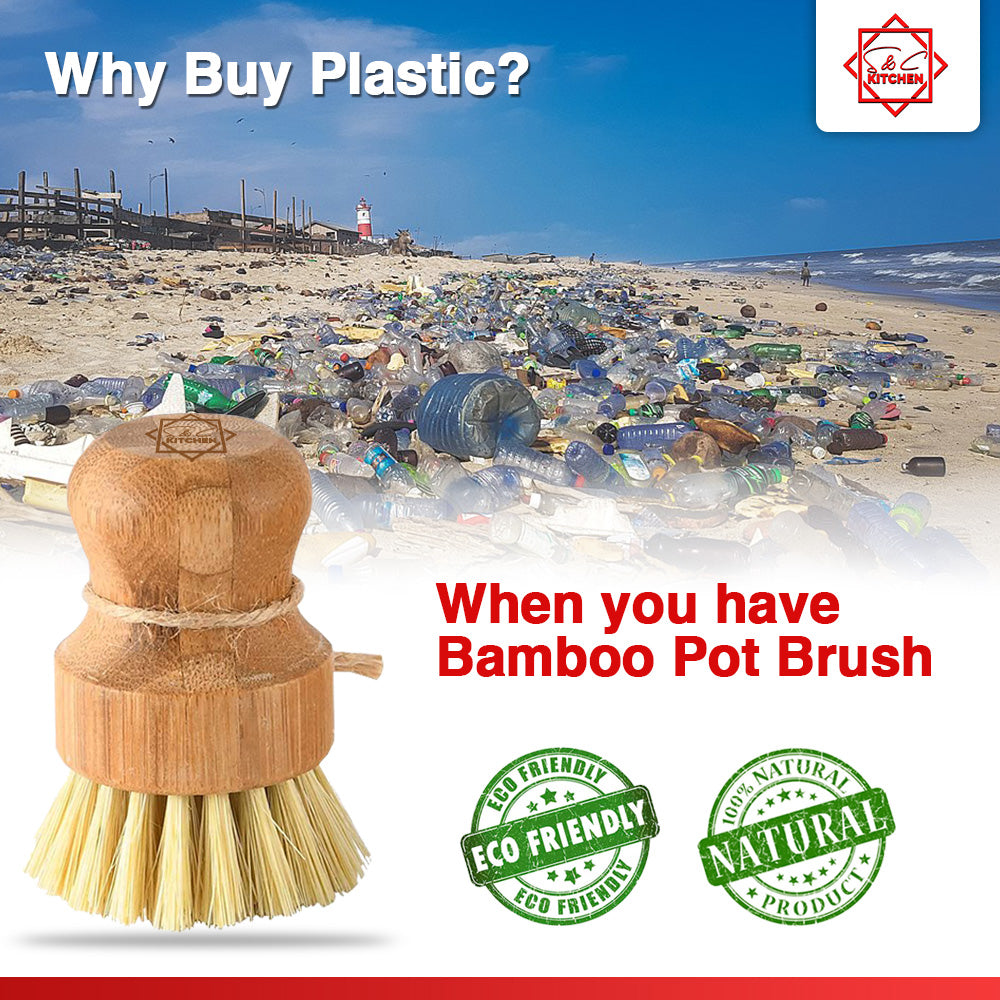 S&C Kitchen - Bamboo Scrub Brushes, Cleans Pots/Vegetables/Dishes - Set of 3