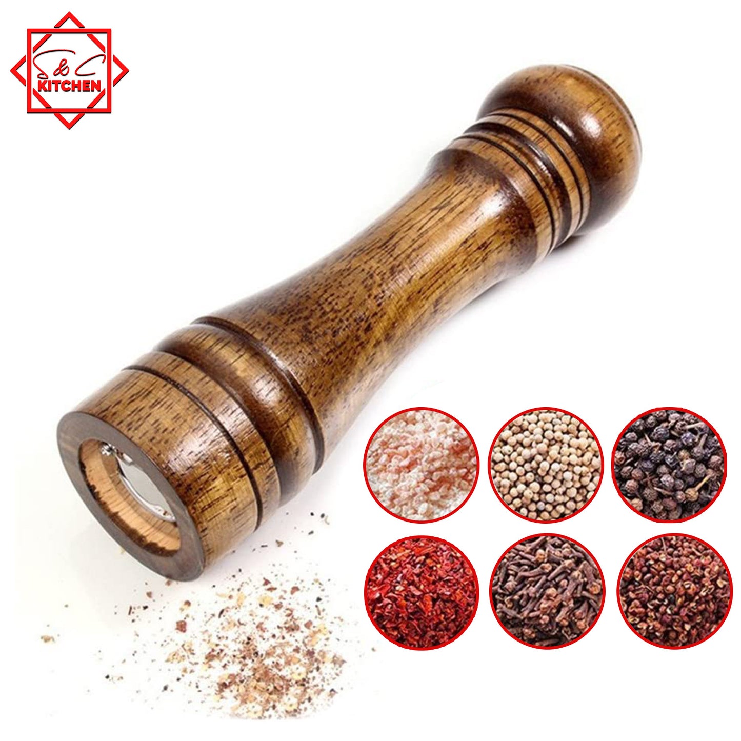 S&C Kitchen - Oakwood Pepper Grinder – 8 inch By 2 inch – Ceramic Grind Mill - Use With Black Pepper, Sea & Himalayan Salt – Perfect Gift Idea