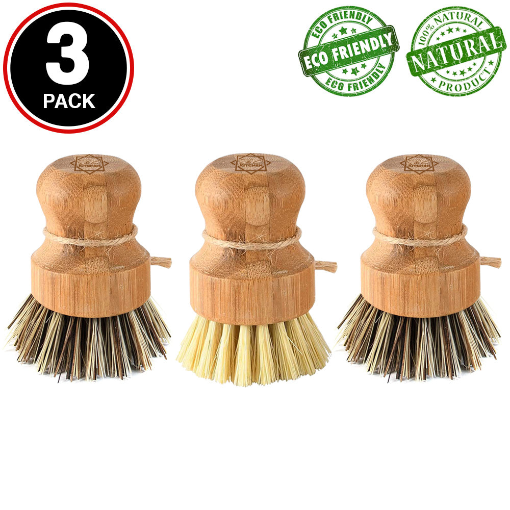S&C Kitchen - Bamboo Scrub Brushes, Cleans Pots/Vegetables/Dishes - Set of 3